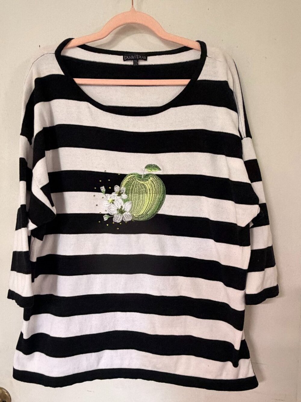 Bua Bua Womens Top XXL Black White Striped Embroidered Apple Beaded Sweater Knit
